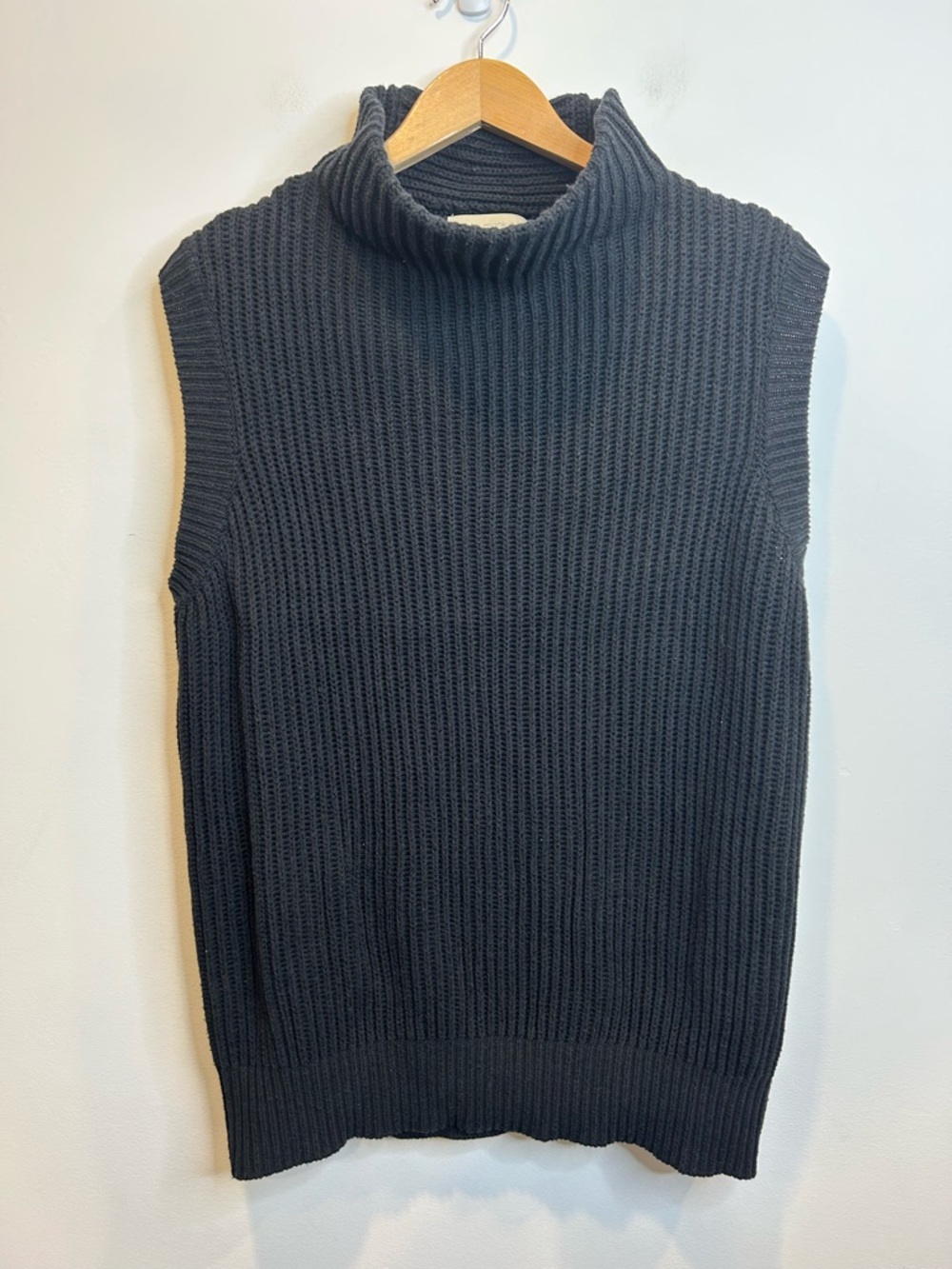 Monk & Lou Chunky Rib Knit Mock Neck Sleeveless Sweater Cotton Blend Black